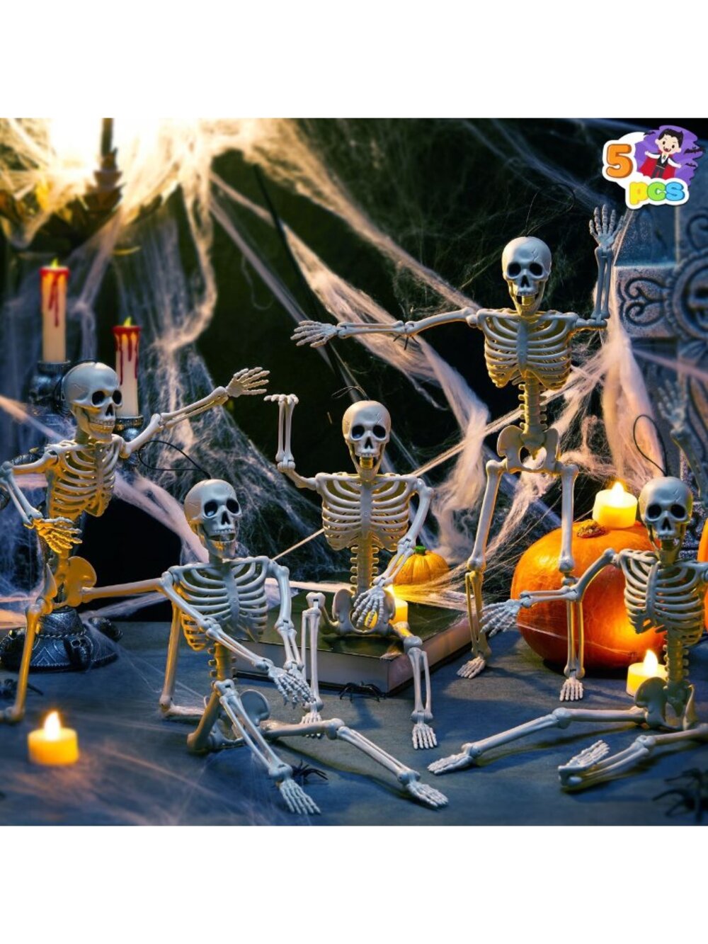 5 Pcs Halloween Skeleton Decorations,16 inch Full Body Poseable Skeleton